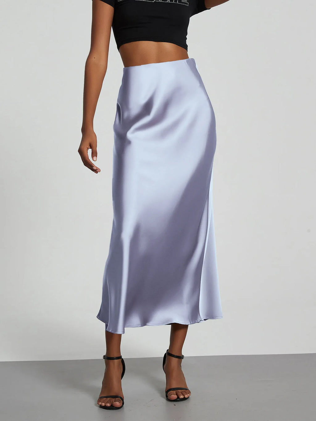 Minimalist Satin Midi Skirt  High Waist Bias Cut Flowy Hem Top for Office & Casual Streetwear