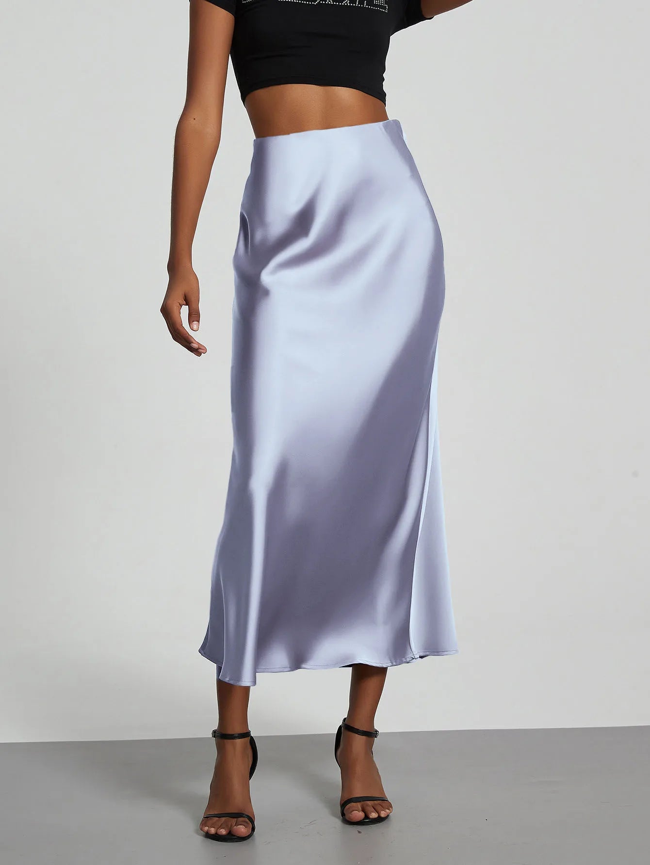 Minimalist Satin Midi Skirt  High Waist Bias Cut Flowy Hem Top for Office & Casual Streetwear