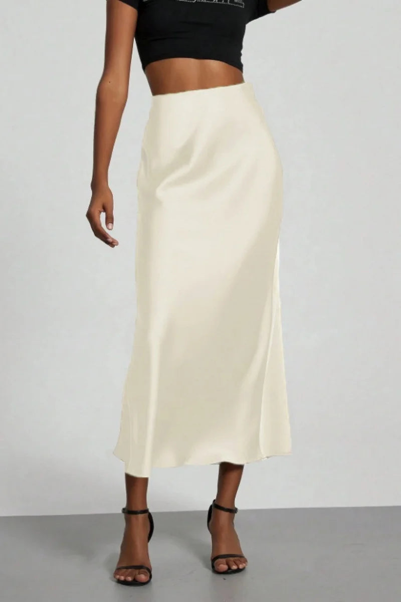 Women's Summer High Waist Silky Satin Draped Midi Mermaid Skirt Solid Flowly Bias Cut Long Slip Skirt Elegant Casual Bottoms