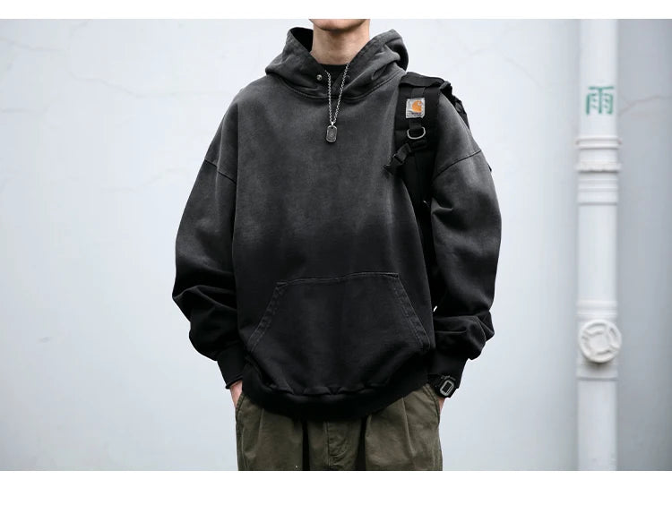 Mens Heavyweight Cotton Hoodie Oversized Streetwear Spring Autumn Garment Dyed Washed Ombre Pullover High Quality Sweatshirt