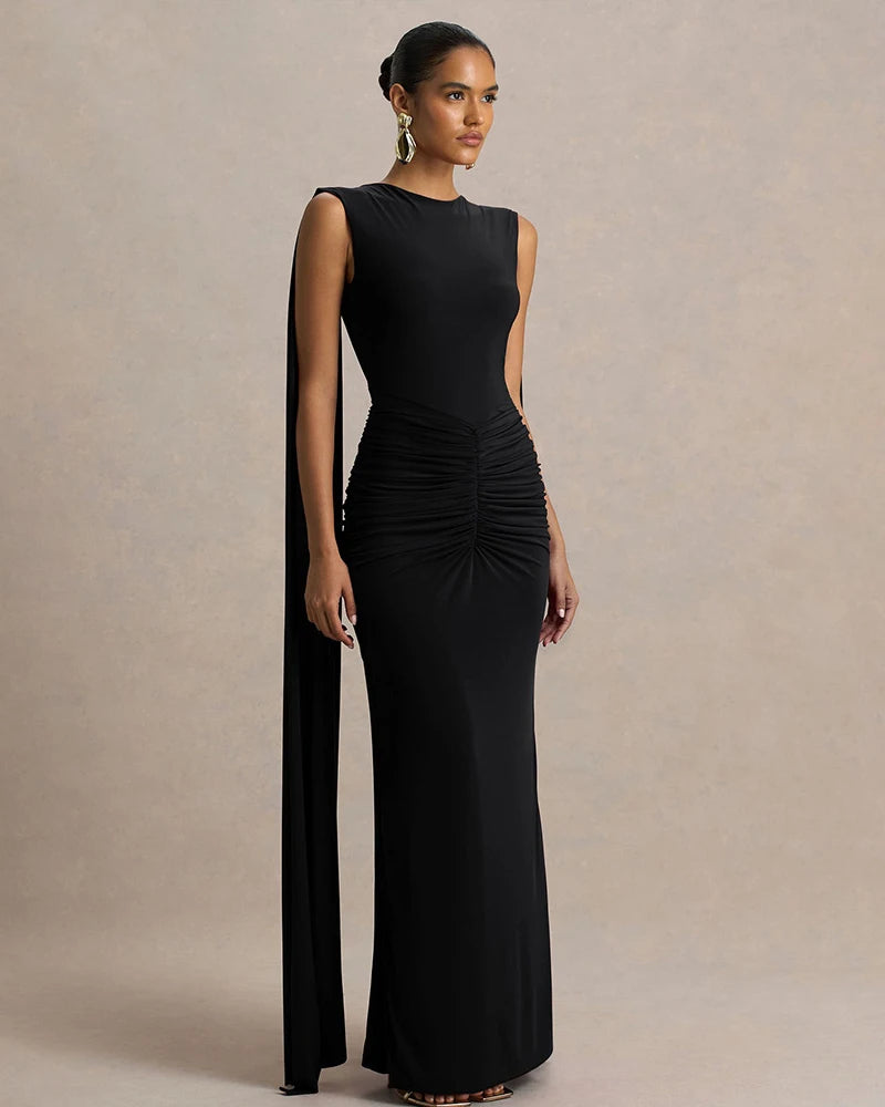 New Backless Evening Gowns Elegant Lady Bodycon Ruched Maxi Dress with Ribbon Fashion Women Sleeveless Prom Dress for Party