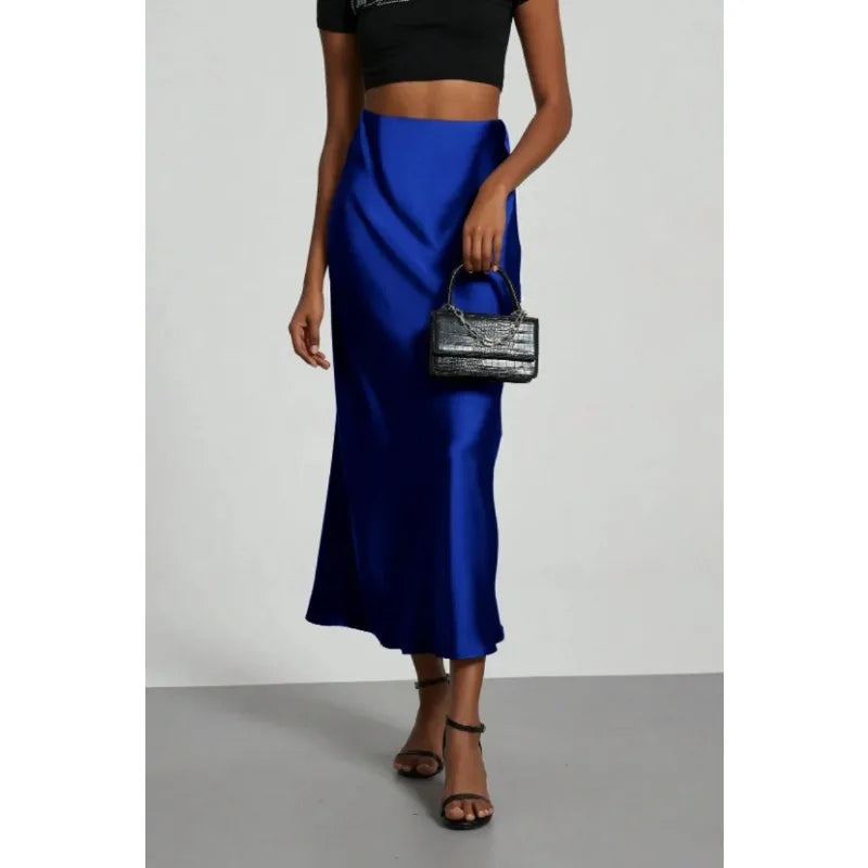 Women's Summer High Waist Silky Satin Draped Midi Mermaid Skirt Solid Flowly Bias Cut Long Slip Skirt Elegant Casual Bottoms