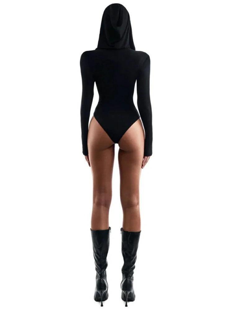 Hooded Bodysuit V-neck Body Feminino Long Sleeve Lingerie Sexy Tops Women Y2k Clothes Solid Black One-pieces Bustier Rave Outfit