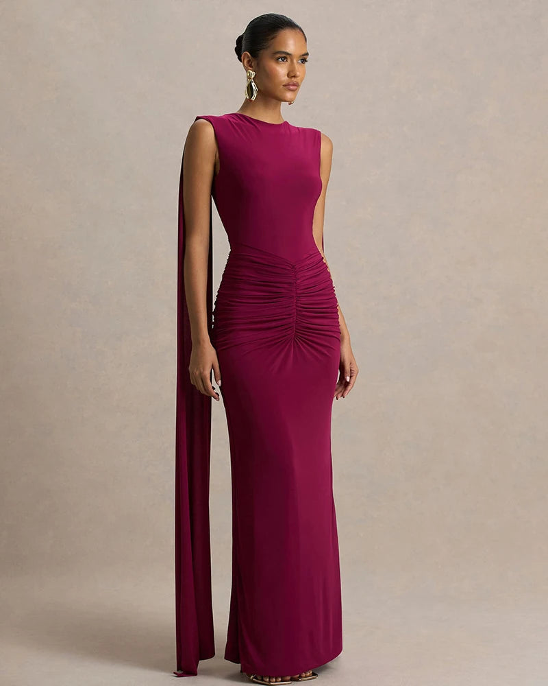 New Backless Evening Gowns Elegant Lady Bodycon Ruched Maxi Dress with Ribbon Fashion Women Sleeveless Prom Dress for Party