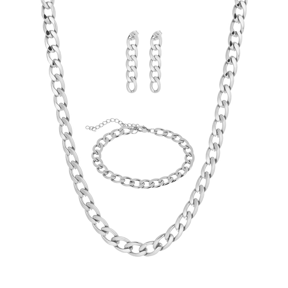 Stainless Steel Minimalist Cuban Chain Necklace, Earrings, And Bracelet Set Women's Fashionable, Unique, Trendy Vintage Jewelry