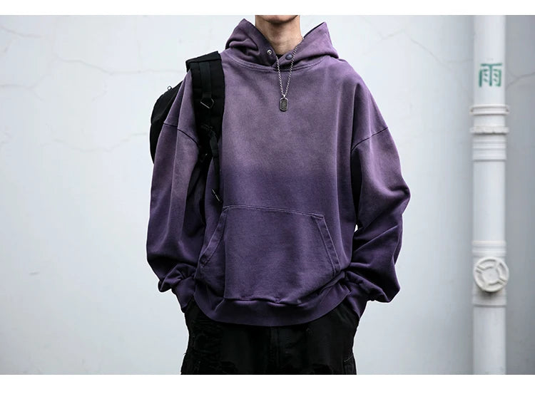 Mens Heavyweight Cotton Hoodie Oversized Streetwear Spring Autumn Garment Dyed Washed Ombre Pullover High Quality Sweatshirt