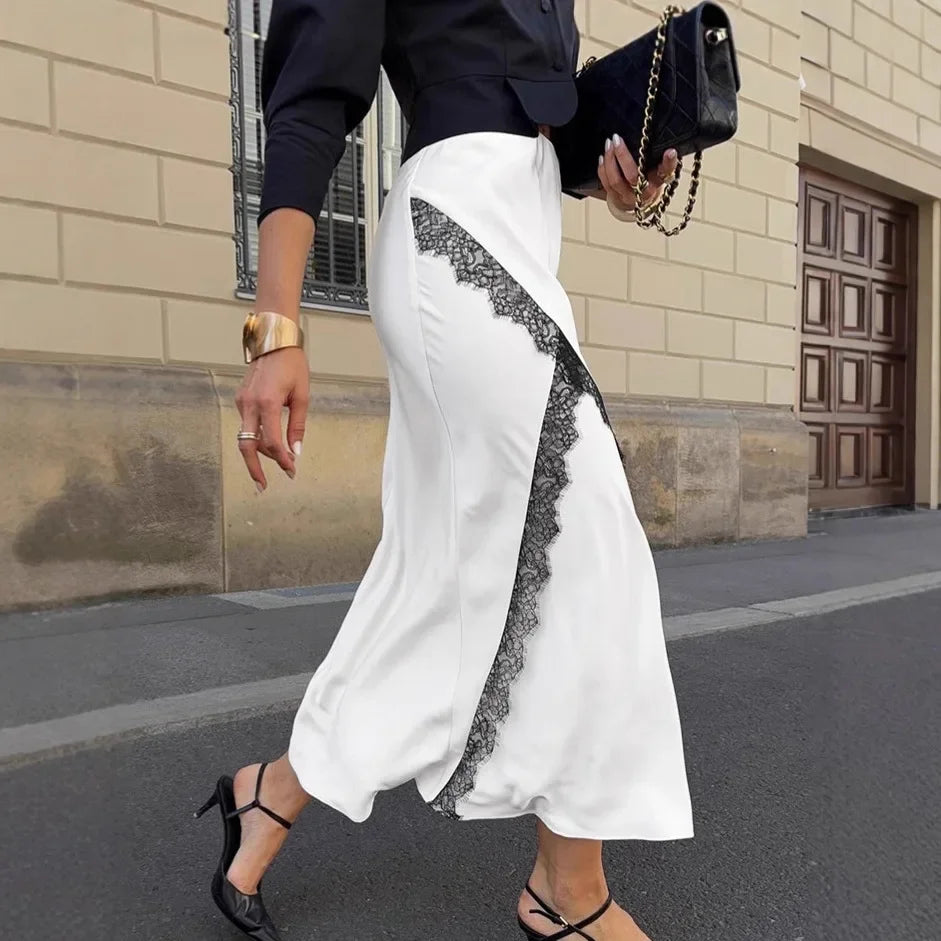 Satin Midi Skirt with Lace Trim Color Block A-Line High Waist Office Elegant French Style Dressy Casual Skirt for Women Fall