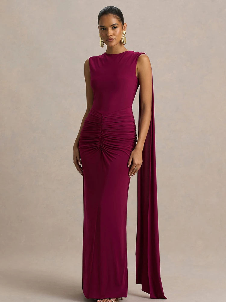 New Backless Evening Gowns Elegant Lady Bodycon Ruched Maxi Dress with Ribbon Fashion Women Sleeveless Prom Dress for Party