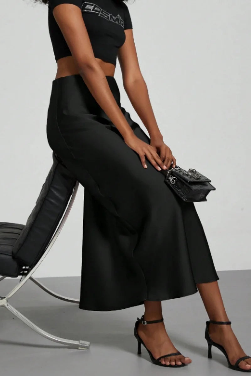 Women's Summer High Waist Silky Satin Draped Midi Mermaid Skirt Solid Flowly Bias Cut Long Slip Skirt Elegant Casual Bottoms