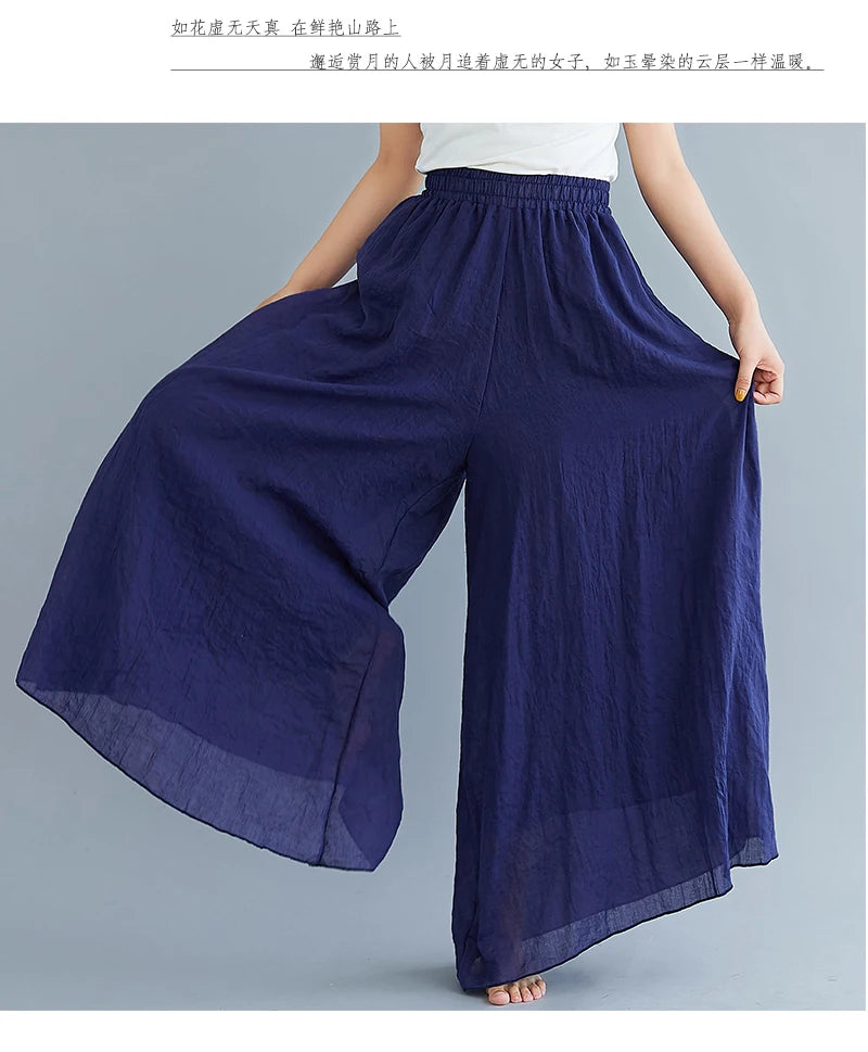 Cotton Linen Wide Leg Pants for Women Summer Casual Loose Pants High Waist Big Swing Skirt Capris Women Clothing PT-565