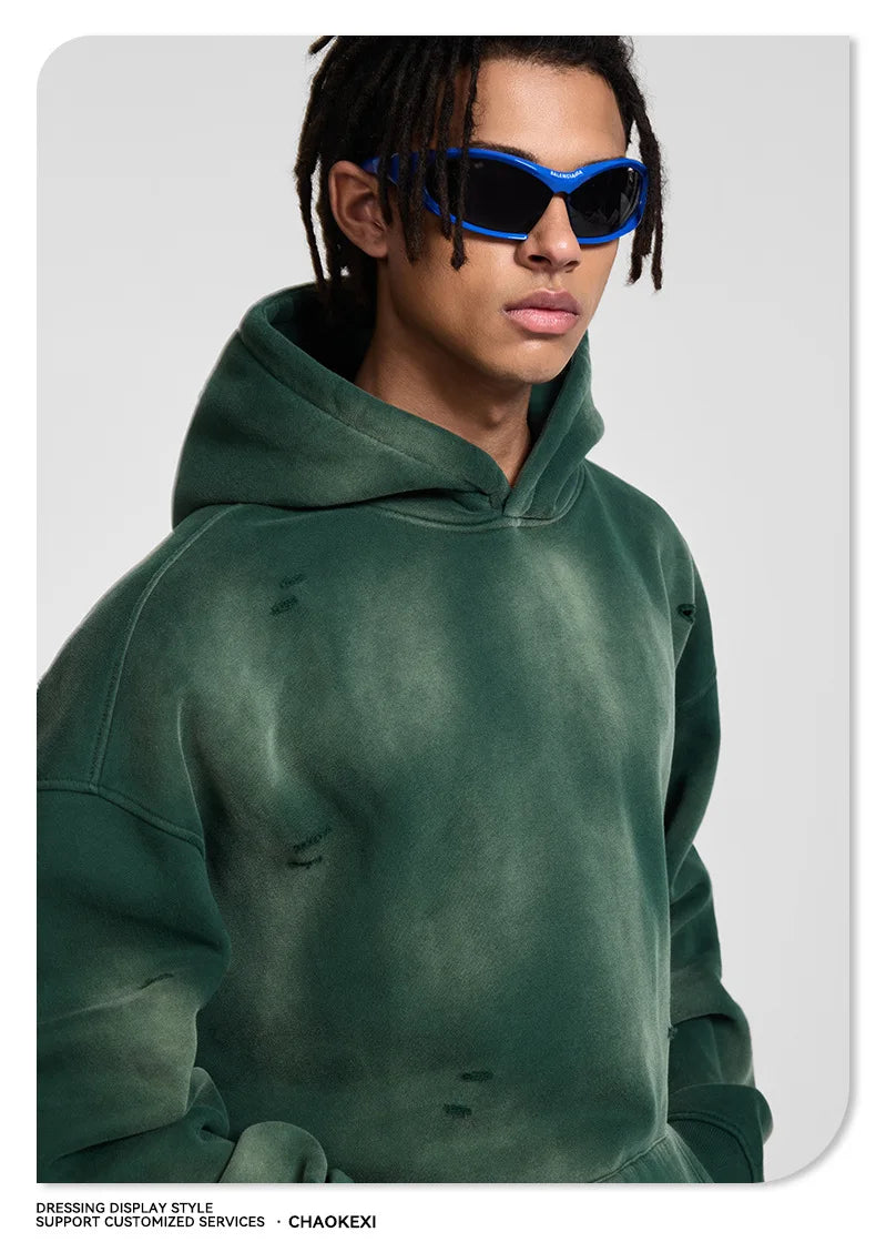 Oversized Hoodies Men Vintage Streetwear Acid Wash Ripped Hoodie Heavyweight Fleece Sweatshirt Pullover Thickened Winter Clothes