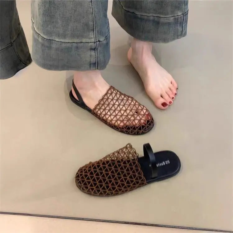 Woven Mesh Flat Slippers for Women Lightweight Breathable Open Toe Casual Sandals Black Trim Mule Shoes Summer Beach Walking