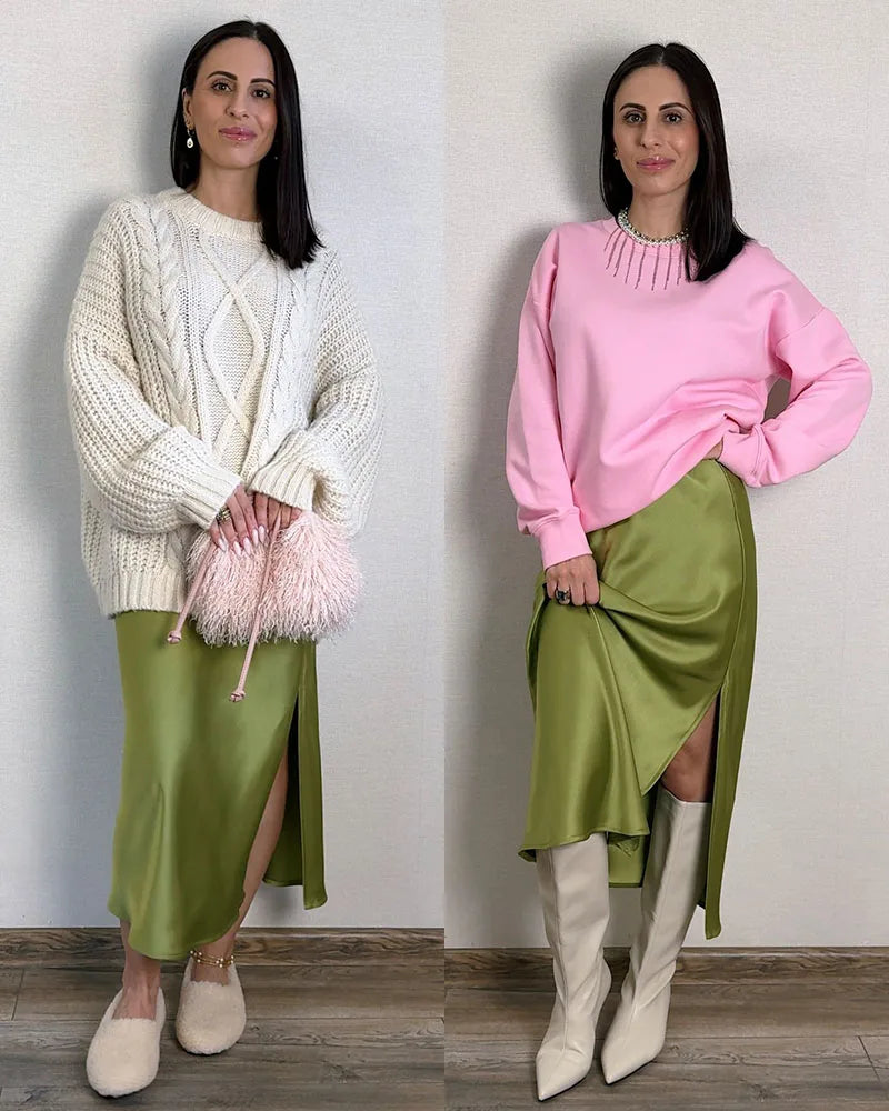 Midi Satin Skirts Women Luxury Summer Black Formal Silk Office Skirt With Slit A Line Green Midi Skirt Burgundy Women Elegant