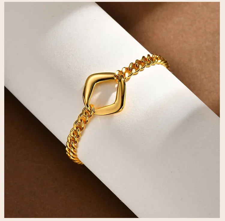 Elegant Minimalist Cuban Chain Bracelet for Women, Adjustable Hollow Geometric Stainless Steel Fashion Jewelry