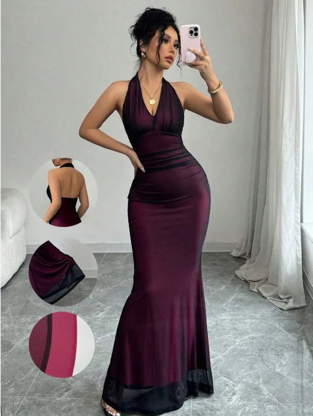 Summer Backless Sexy Maxi Dress Women Gown Patchwork Lace Halter Deep V Neck Sleeveless High Waist Elegant Long Dresses Vestido