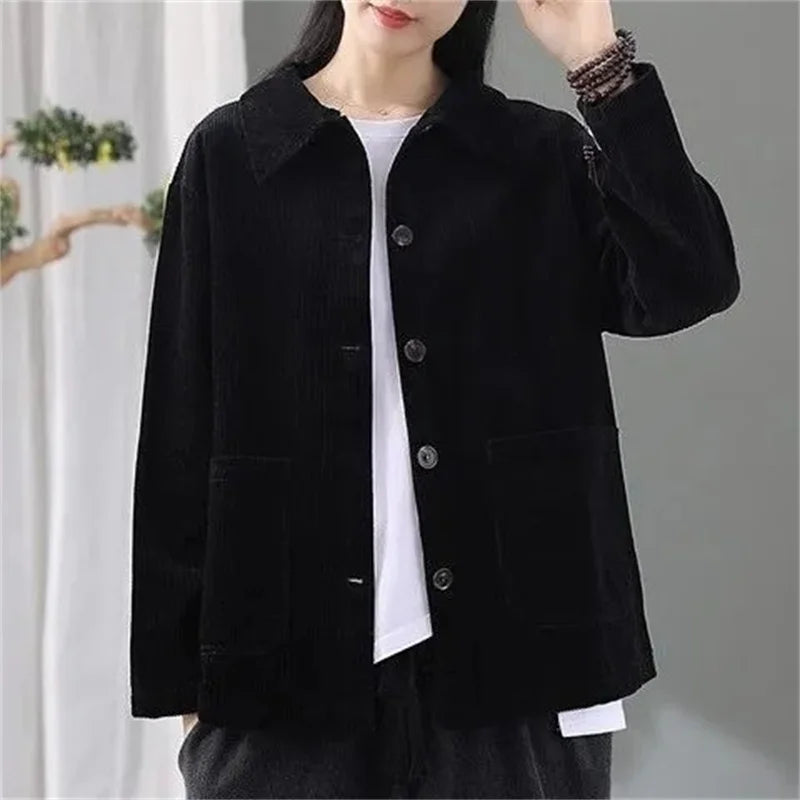 Corduroy Jacket Women's Shirt Spring Autumn New style Retro Long sleeved Loose Korean version High-end Lady Short Windbreaker