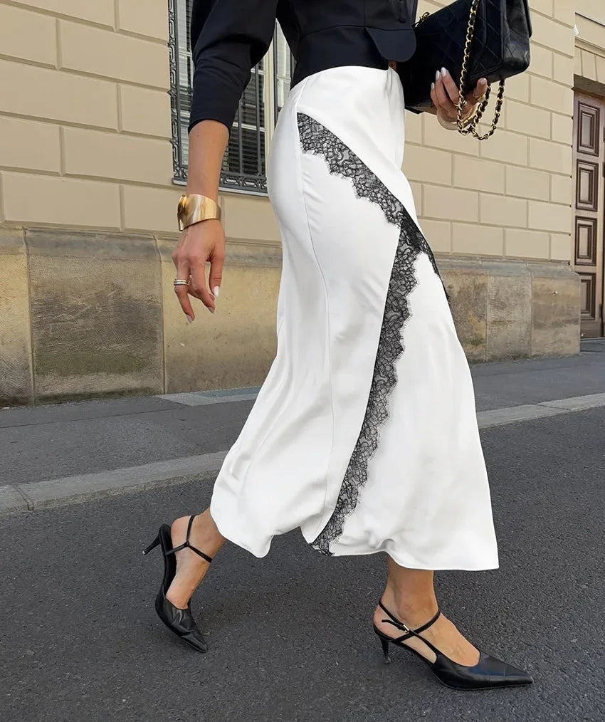 Satin Midi Skirt with Lace Trim Color Block A-Line High Waist Office Elegant French Style Dressy Casual Skirt for Women Fall