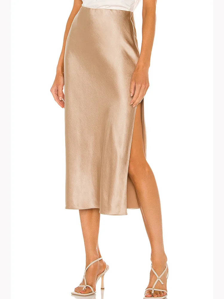 Green Satin Midi Skirts For Women Summer Elastic High Waist A Line Slit Skirt Midi Satin Silk Women Skirt With Slit Summer 2024