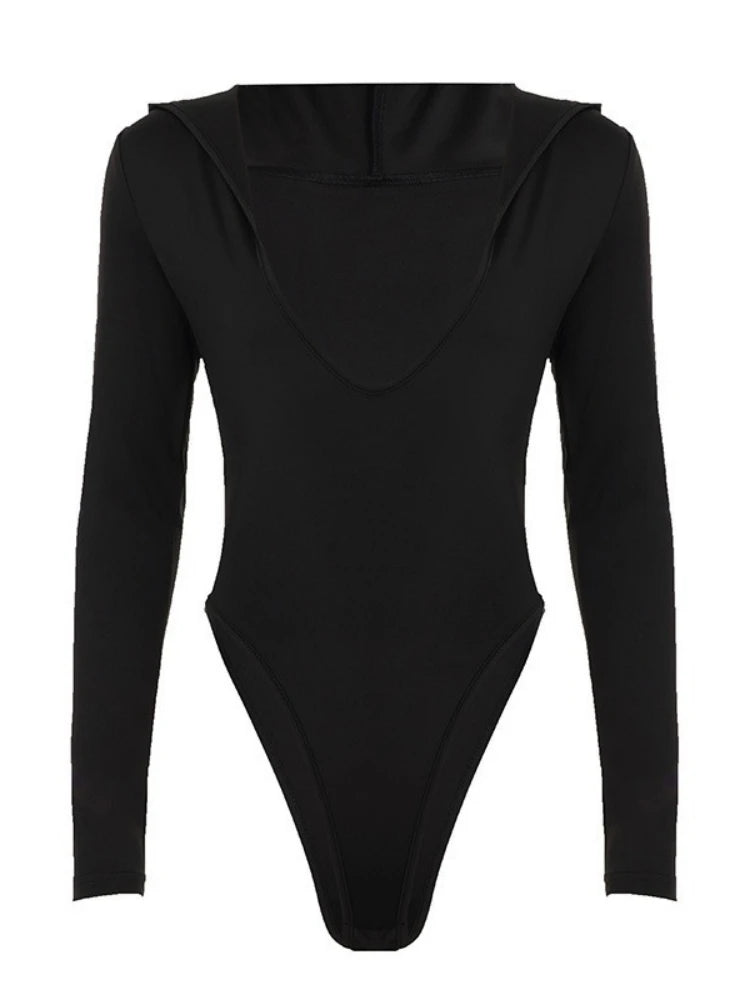 Hooded Bodysuit V-neck Body Feminino Long Sleeve Lingerie Sexy Tops Women Y2k Clothes Solid Black One-pieces Bustier Rave Outfit