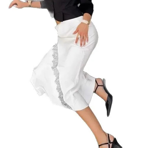 Satin Midi Skirt with Lace Trim Color Block A-Line High Waist Office Elegant French Style Dressy Casual Skirt for Women Fall