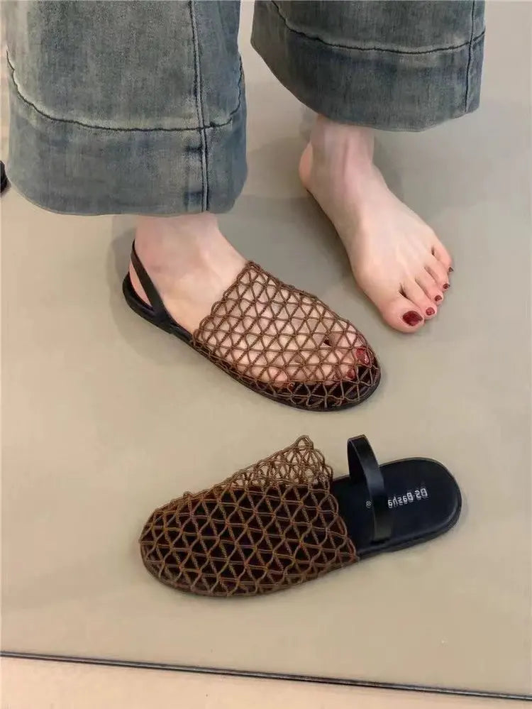 Woven Mesh Flat Slippers for Women Lightweight Breathable Open Toe Casual Sandals Black Trim Mule Shoes Summer Beach Walking