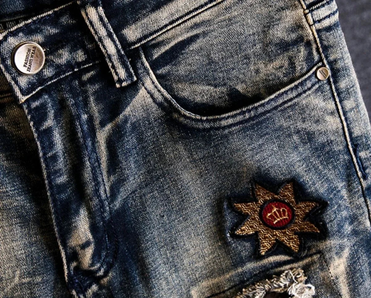 Trousers Torn Men's Jeans Embroidery Man Cowboy Pants with Holes Graphic Broken Ripped Cropped Retro Luxury Plus Size Cheap Goth