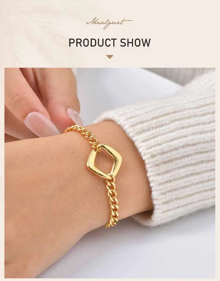 Elegant Minimalist Cuban Chain Bracelet for Women, Adjustable Hollow Geometric Stainless Steel Fashion Jewelry