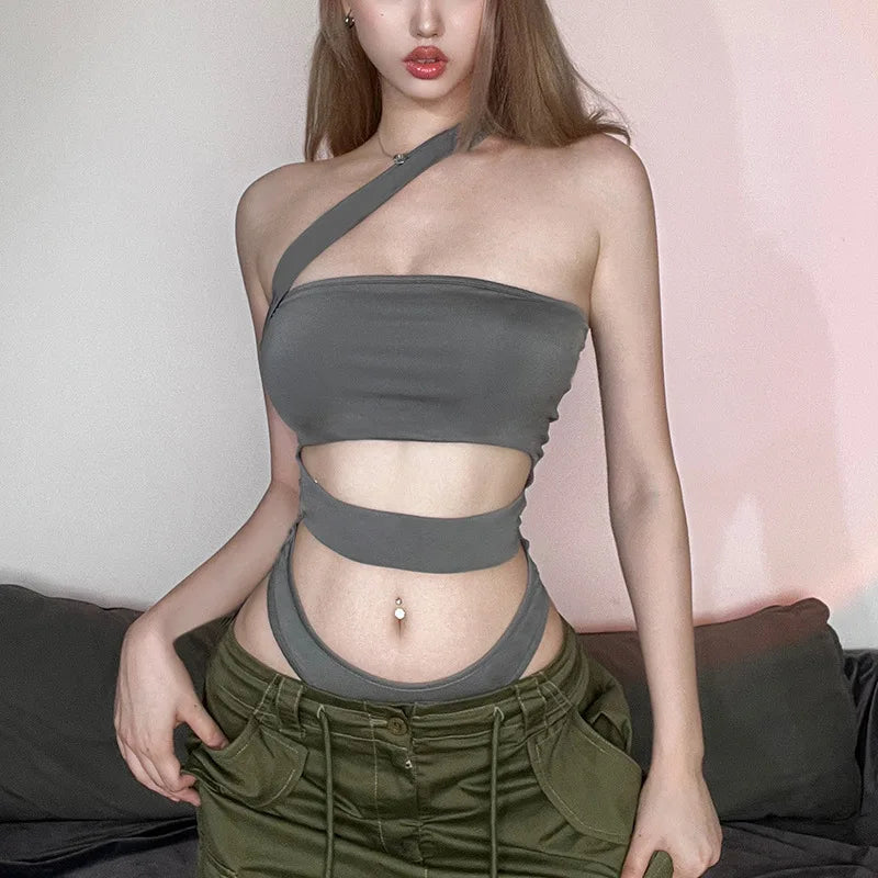 Solid Black Bodysuit Lingerie Sexy Tops For Women Club Outfit Inclined Collar Body Feminino One-pieces Hollow Out Y2k Clothes