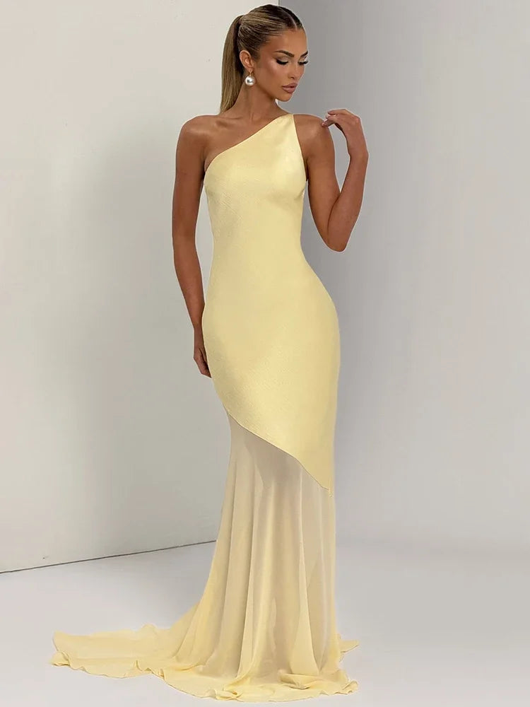 One Shoulder Backless Sexy Maxi Dress Women Gown Fashion Patchwork Sleeveless Bodycon Club Party Long Dress Elegant