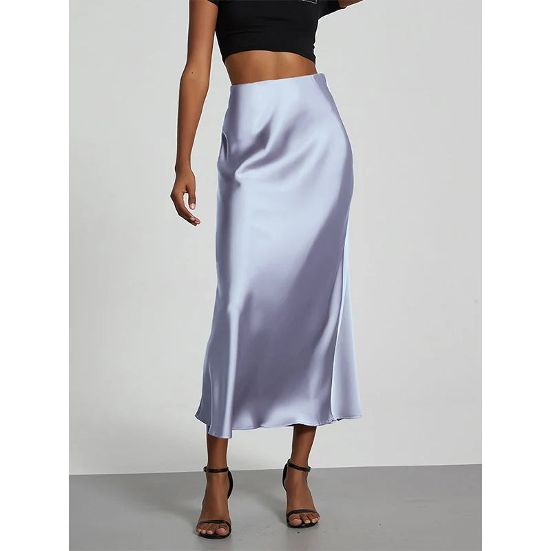 Minimalist Satin Midi Skirt  High Waist Bias Cut Flowy Hem Top for Office & Casual Streetwear