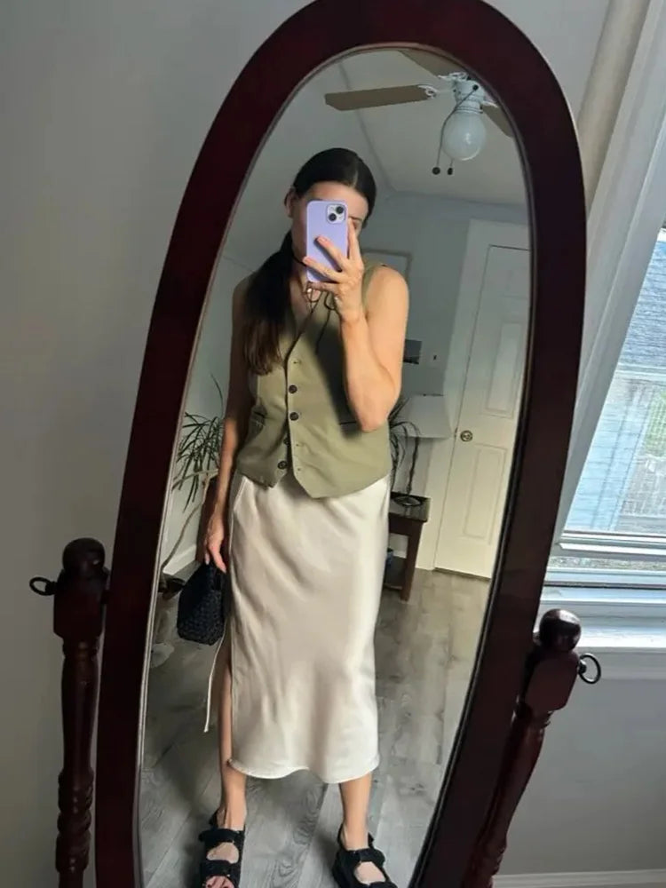 Green Satin Midi Skirts For Women Summer Elastic High Waist A Line Slit Skirt Midi Satin Silk Women Skirt With Slit Summer 2024