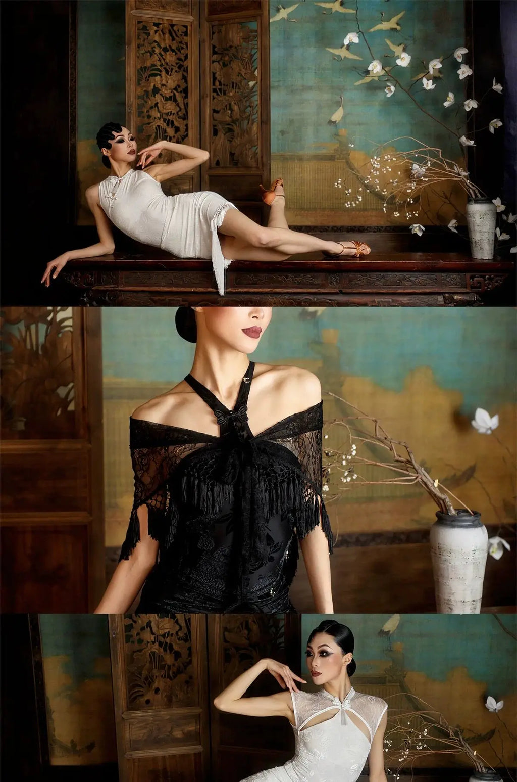 customized double layered curved neck and strapless professional modern Latin dance outfit jumpsuit set bodysuit long skirt