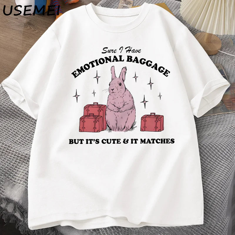 Sure I Have Emotional Baggage Funny Mental Health T Shirts Women Men Vintage Rabbit Tee Shirt Summer Short Sleeve Graphic Tees