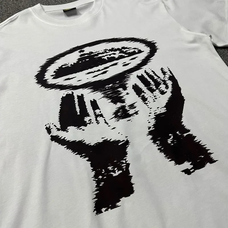 Vintage Abstract Hands Print T-Shirt Men Women Unisex Drill Streetwear Graphic Tee American high street fashion clothing