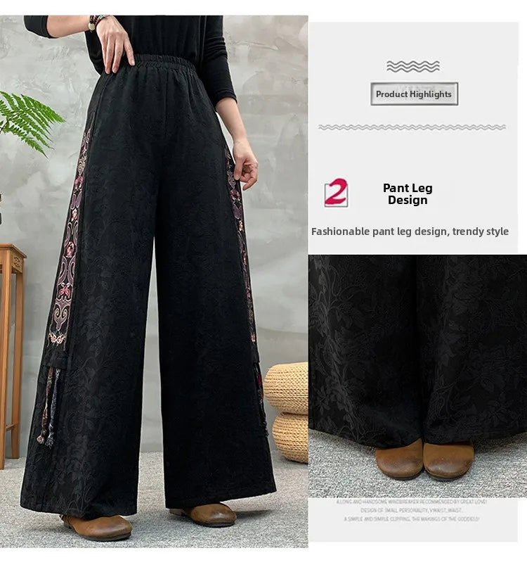 Ele Embroidered Cotton Linen Wide Leg Pants Women's Casual High Waist Trousers Spring Autumn New Sle Comfortable Loose Fit