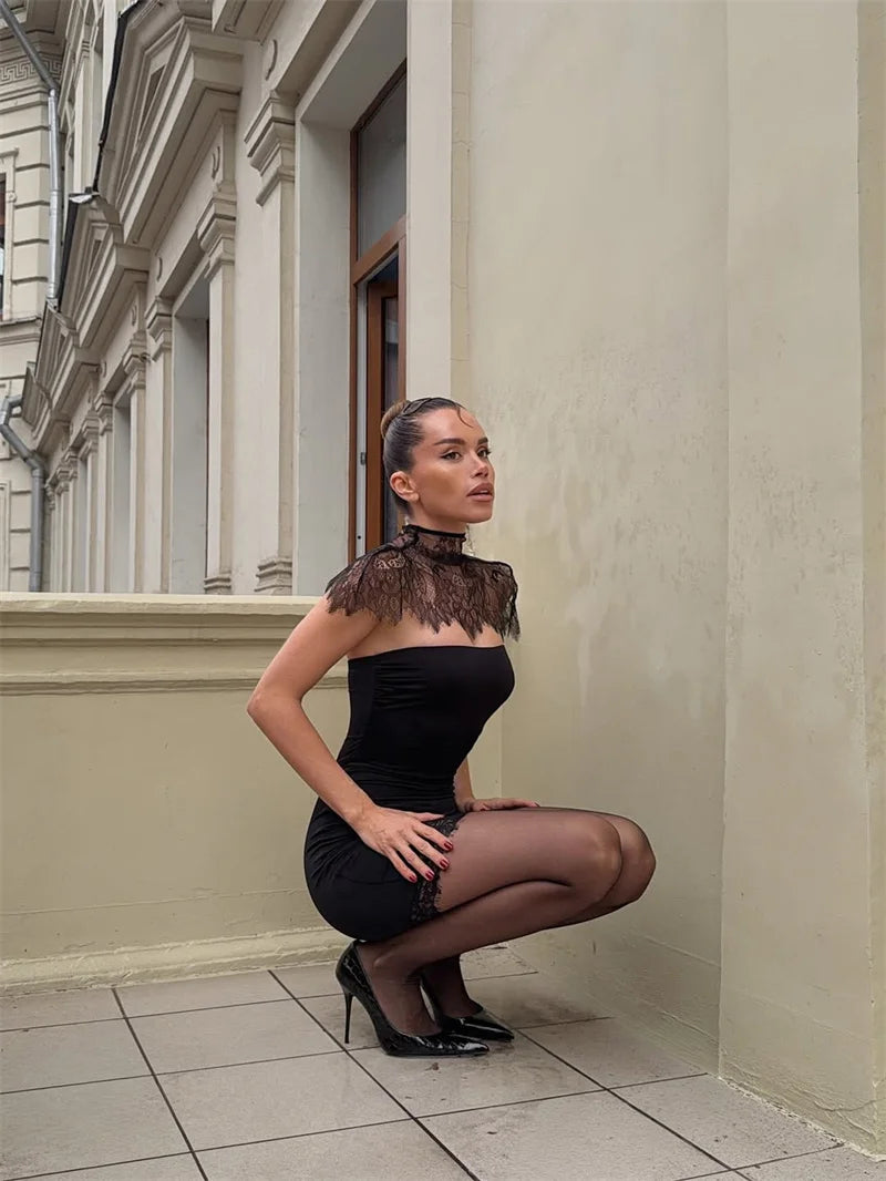 Mozision Lace Backless Sexy Mini Dress Women Gown Elegant See Through Turtleneck Sleeveless Bodycon Club Party Dresses Female