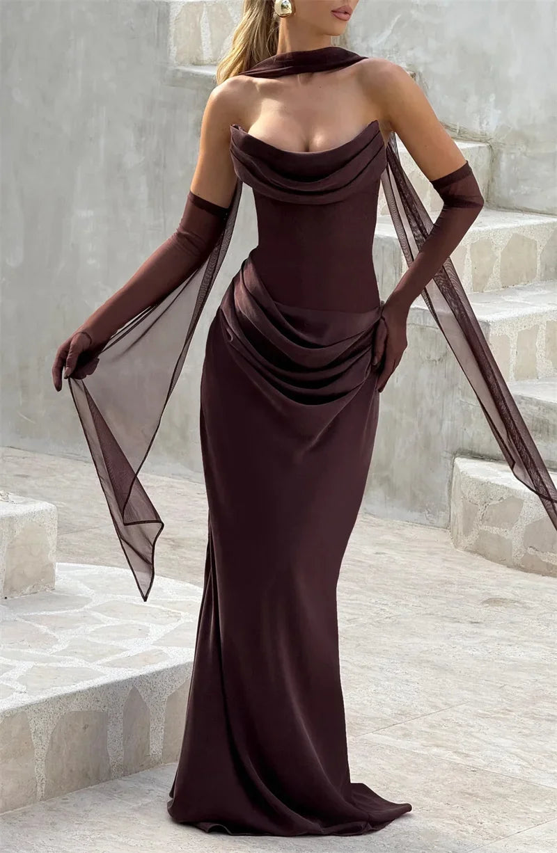 Off-shoulder Backless Sexy Maxi Dress Women Gown Elegant Scarf Collar Strapless Sleeveless Bodycon Club Party Dresses