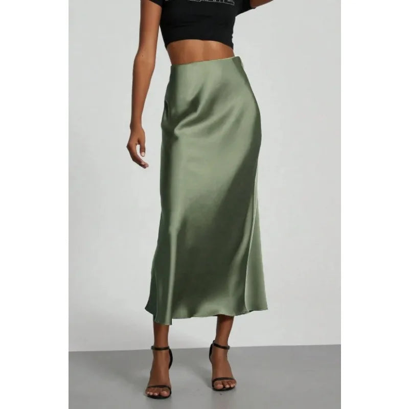 Women's Summer High Waist Silky Satin Draped Midi Mermaid Skirt Solid Flowly Bias Cut Long Slip Skirt Elegant Casual Bottoms