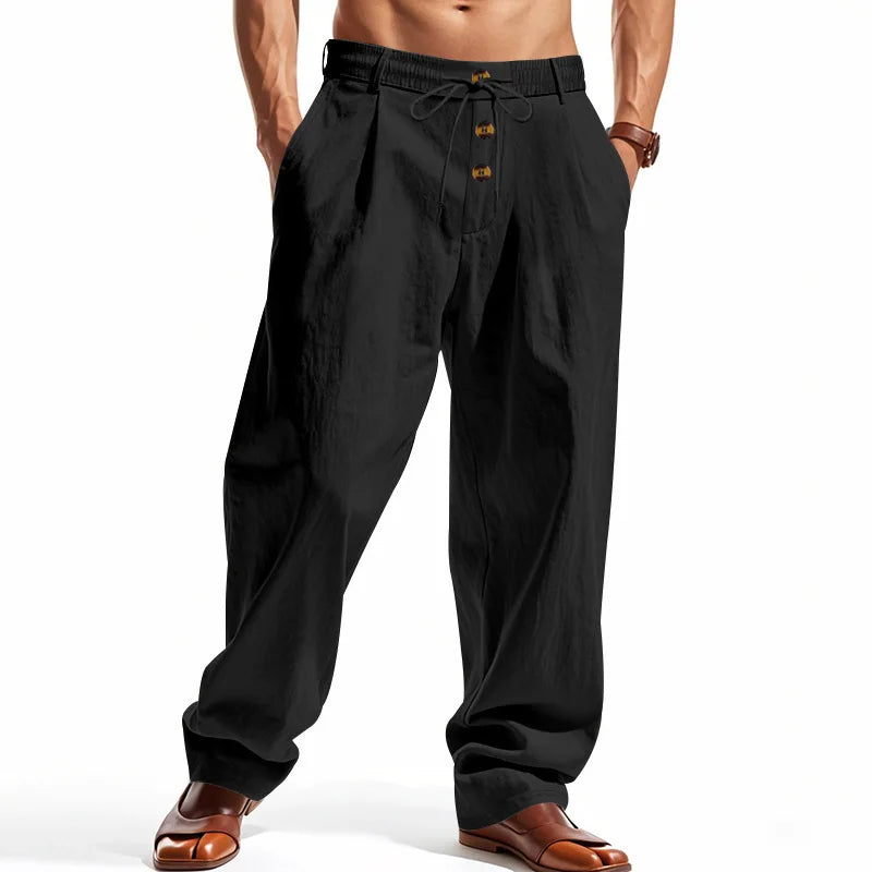 Men's Boho Linen Blend Wide Leg Pants High Waist Drawstring Button Fly Loose Fit Trousers with Side Pockets