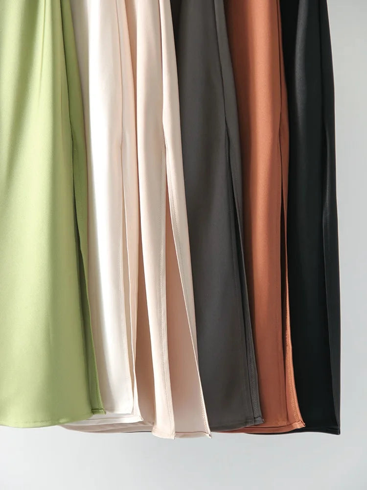 Green Satin Midi Skirts For Women Summer Elastic High Waist A Line Slit Skirt Midi Satin Silk Women Skirt With Slit Summer 2024