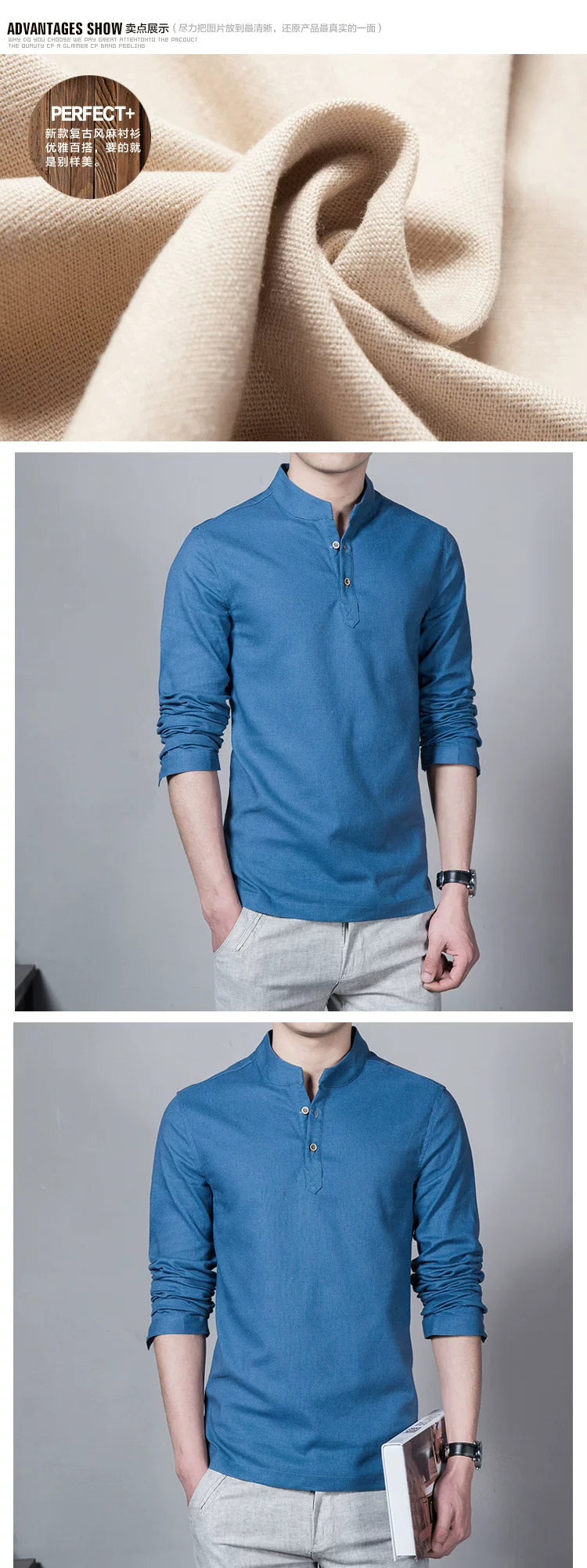 Men's Clothing  Men Spring Tops & Tees Male Fashion T-Shirts Stand Collar Long-sleeved Slim Base Shirt Homme Linen t-shirt