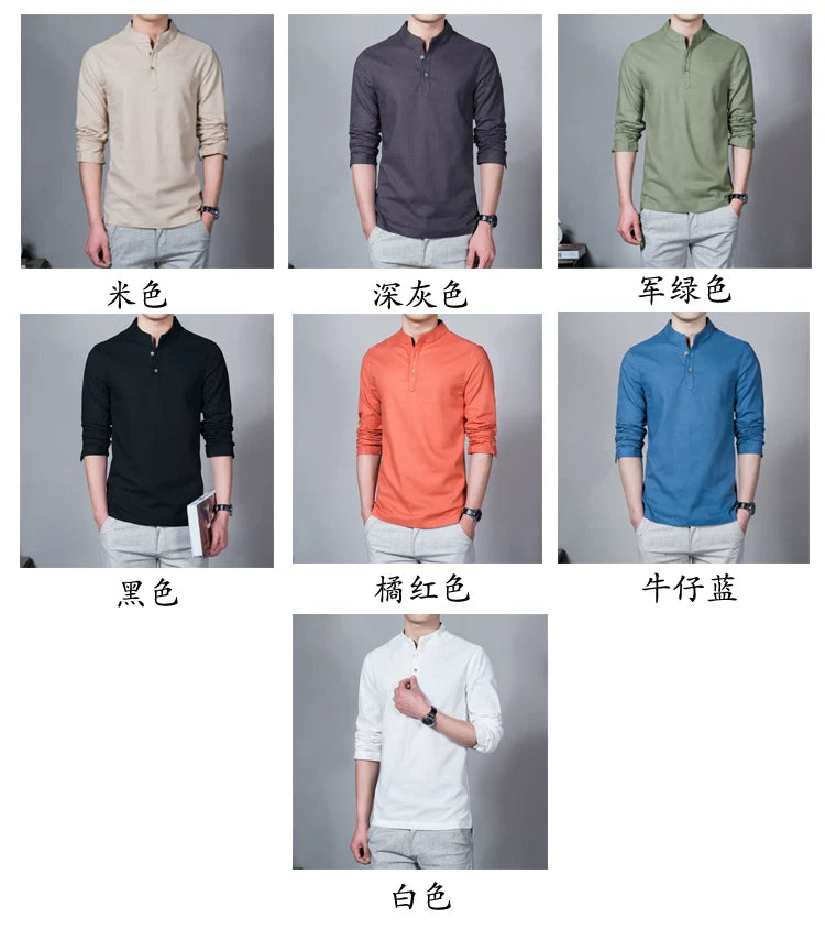 Men's Clothing  Men Spring Tops & Tees Male Fashion T-Shirts Stand Collar Long-sleeved Slim Base Shirt Homme Linen t-shirt