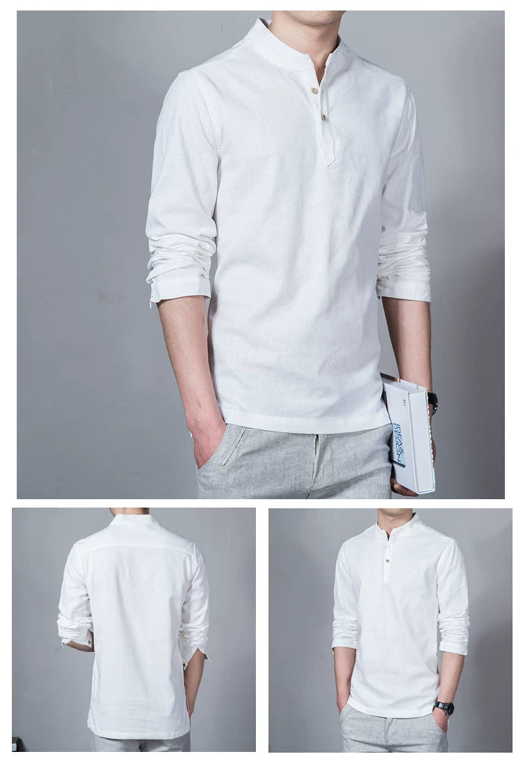 Men's Clothing  Men Spring Tops & Tees Male Fashion T-Shirts Stand Collar Long-sleeved Slim Base Shirt Homme Linen t-shirt