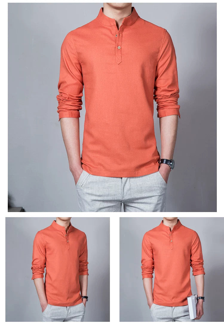 Men's Clothing  Men Spring Tops & Tees Male Fashion T-Shirts Stand Collar Long-sleeved Slim Base Shirt Homme Linen t-shirt